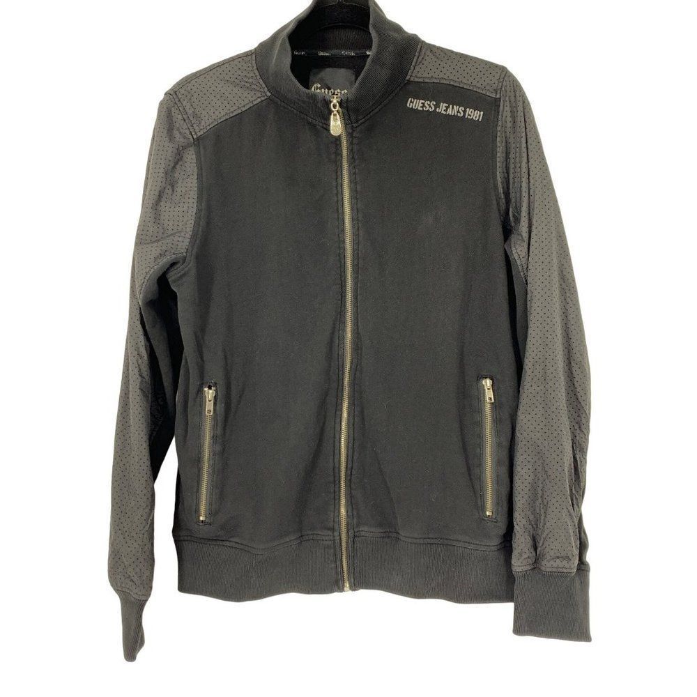 Mens Guess Sweatshirt Full Zip Perf Mixed Media stand Collar M 3072 Terry Black